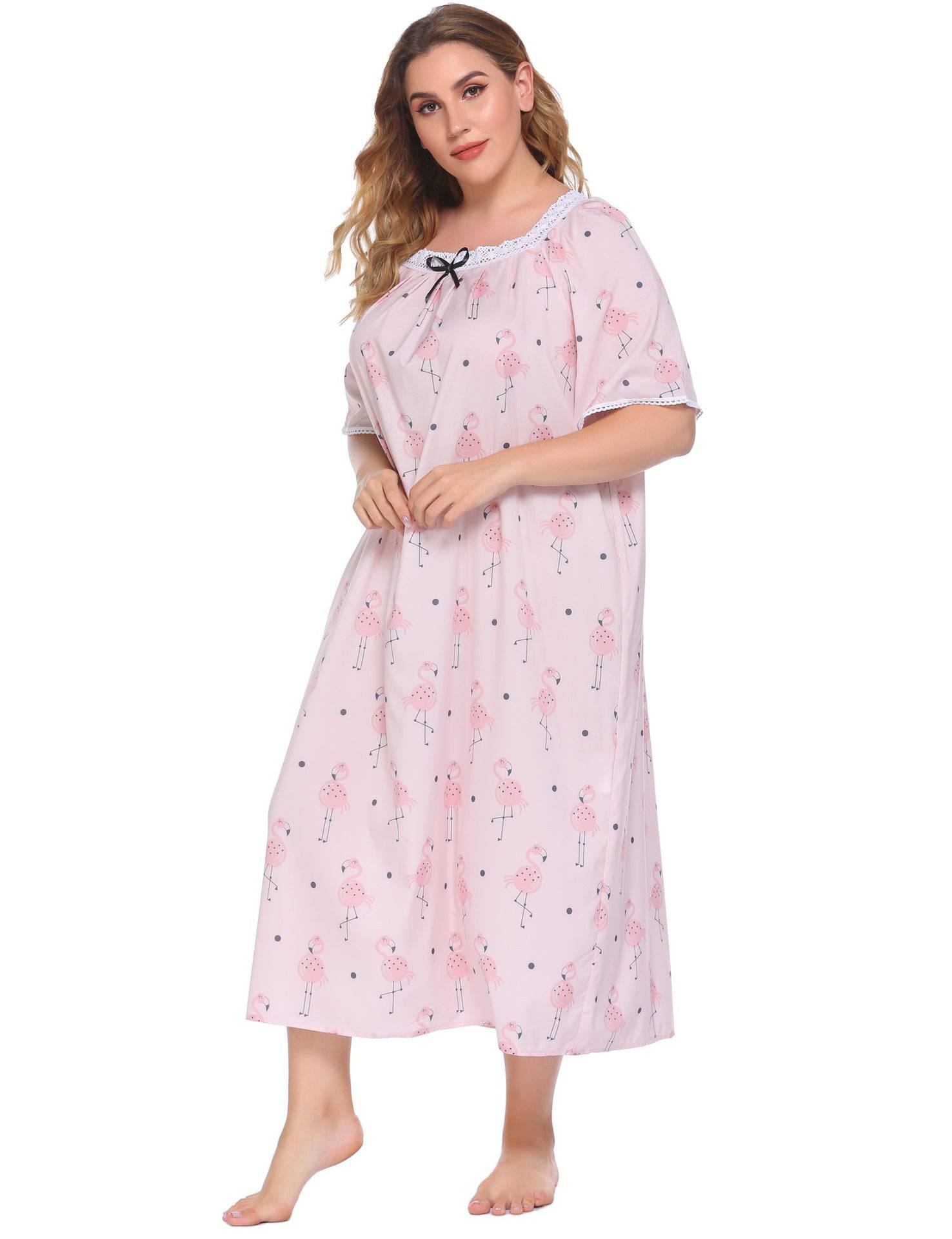 Plus Size Homewear Pajamas Lace Stitching Short Sleeve Printed Nightdress Women - Wild Amber Fashion