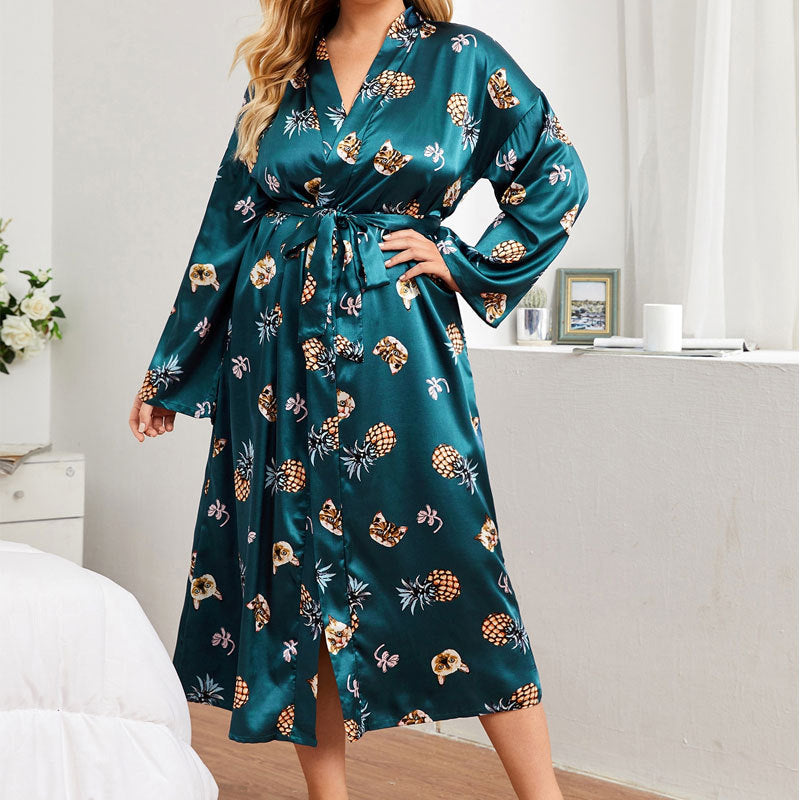 Plus Size Home Pajamas Silk Satin Printed Nightgown - Wild Amber Fashion