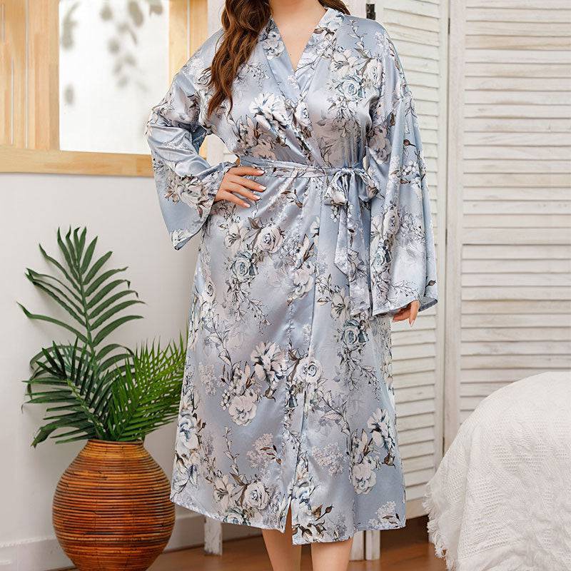 Plus Size Home Pajamas Silk Satin Printed Nightgown - Wild Amber Fashion