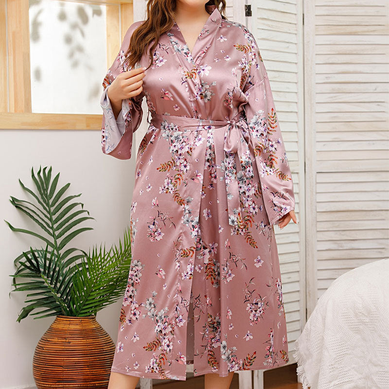 Plus Size Home Pajamas Silk Satin Printed Nightgown - Wild Amber Fashion