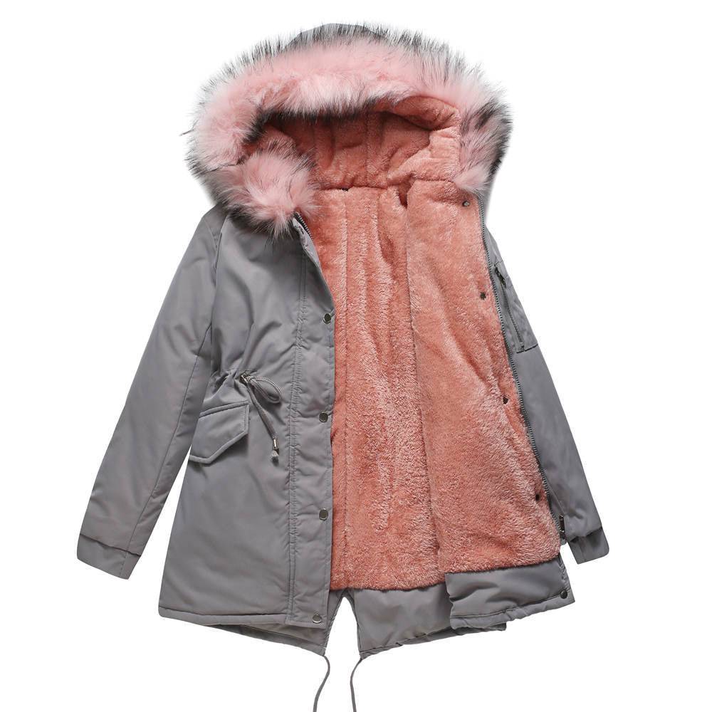 Winter Warm Fur Collar Mid-Length Hooded Women's Cotton-Padded Coat  S Pink 