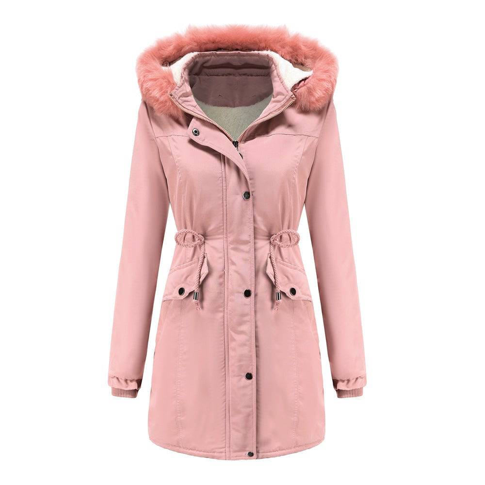 Women's Plus Size Winter Coat with Detachable Hat and Fur Collar  M Pink 