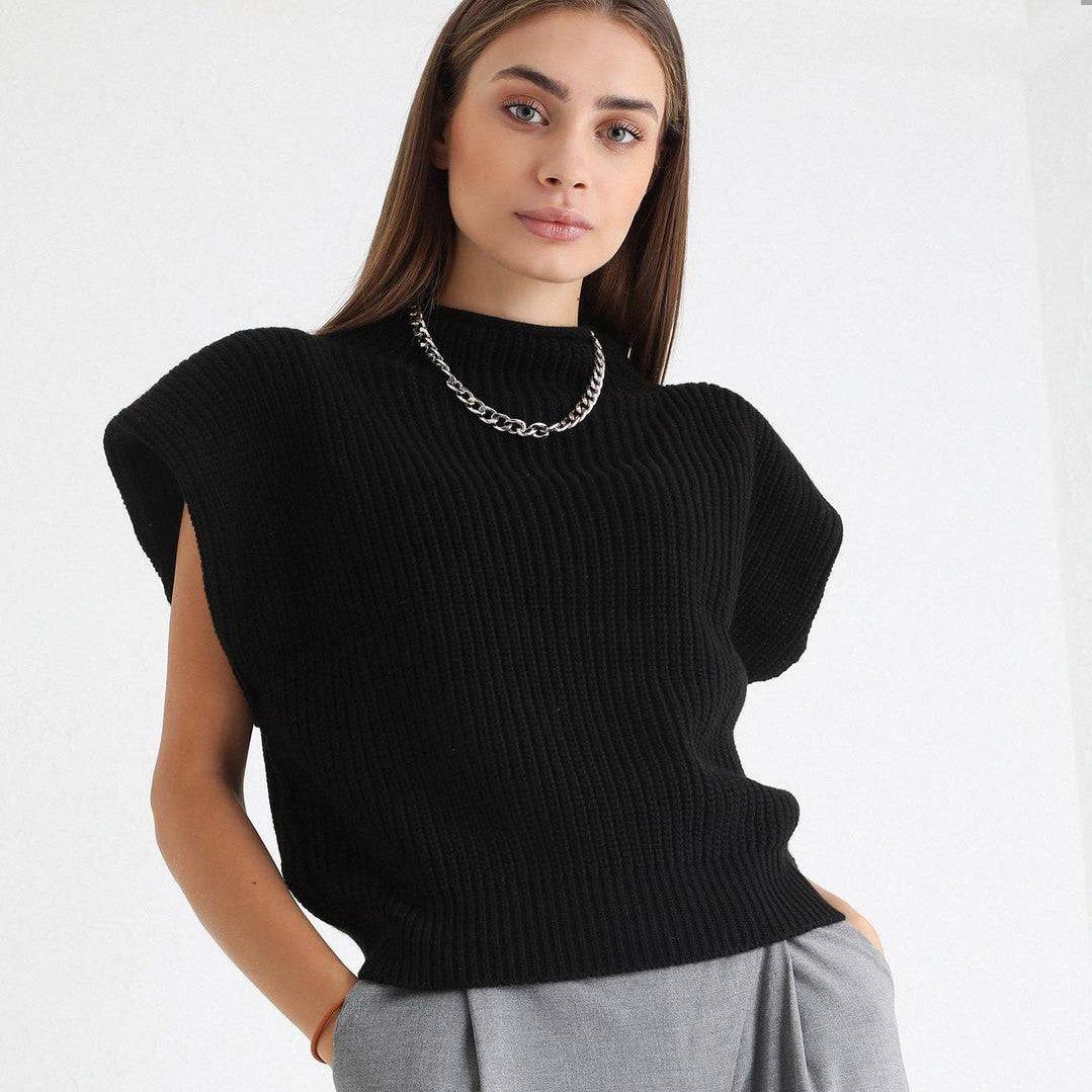 Sleeveless Turtleneck Solid Color Shoulder Pad Sweatervest for Autumn and Winter Women  S Black 