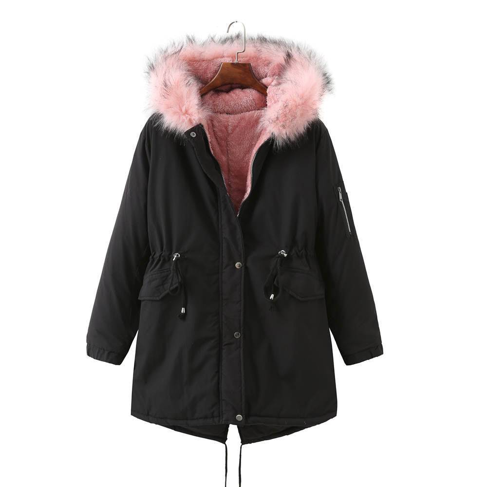 Winter Thickened Fleece-Lined Cotton-Padded Coat Plus Size  S Black Pink Wool 