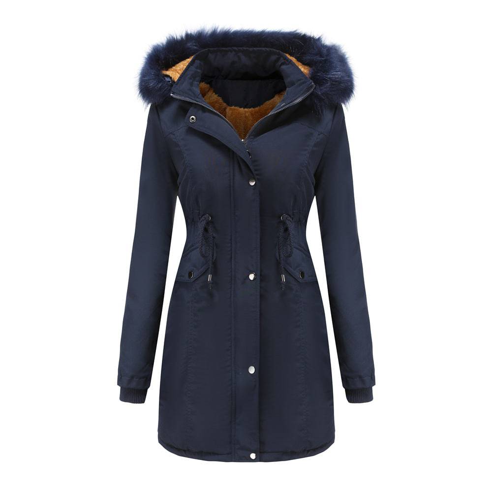 Women's Plus Size Winter Coat with Detachable Hat and Fur Collar  L Navy Blue 