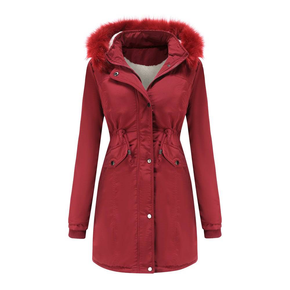 Women's Plus Size Winter Coat with Detachable Hat and Fur Collar  M Jujube Red 