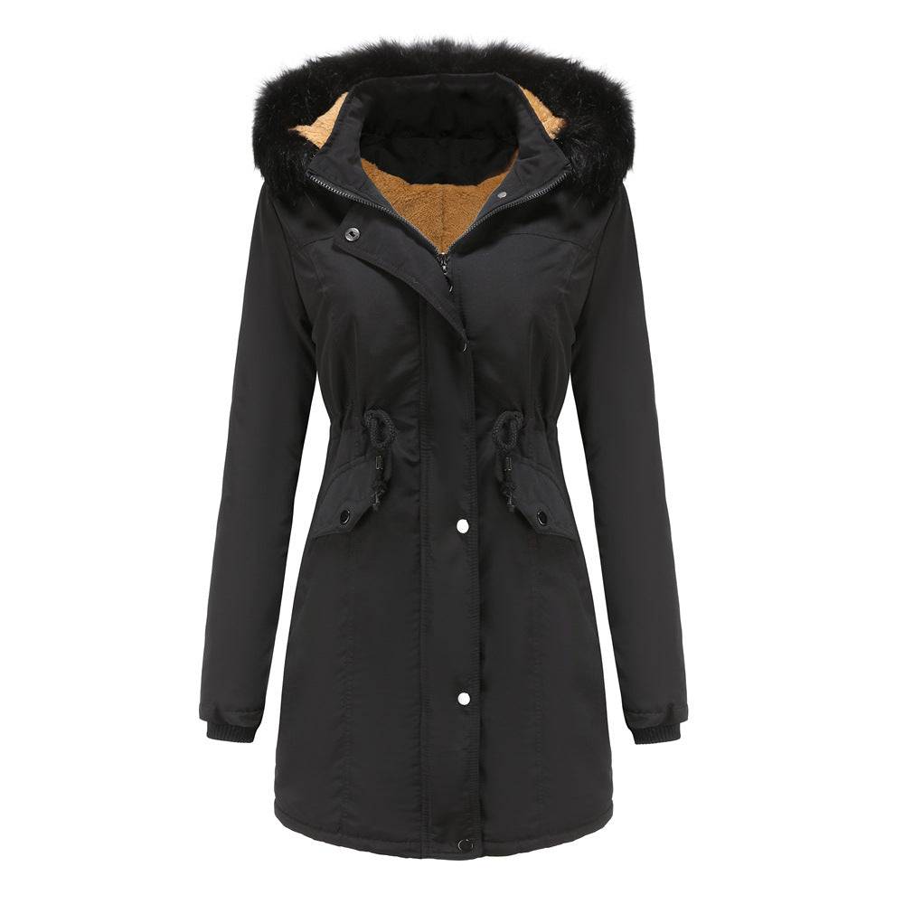 Women's Plus Size Winter Coat with Detachable Hat and Fur Collar  M Black 