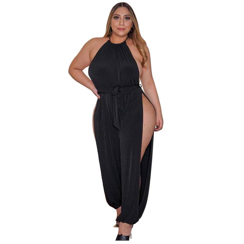 Plus Size Women Clothes Slit Wide Leg Lace-up Sleeveless Nightclub Sexy Jumpsuit - Wild Amber Fashion