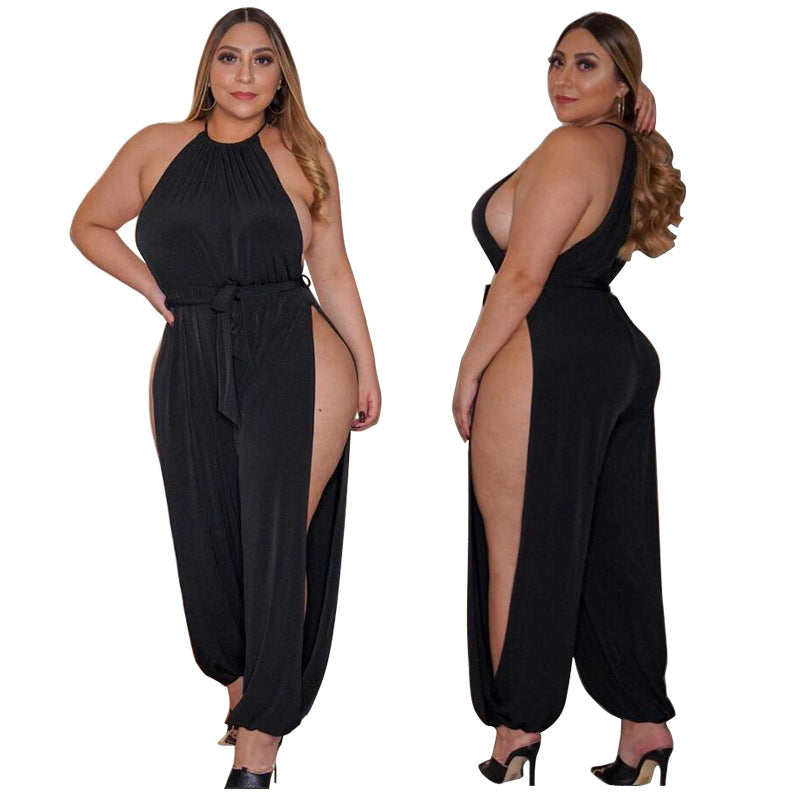 Plus Size Women Clothes Slit Wide Leg Lace-up Sleeveless Nightclub Sexy Jumpsuit - Wild Amber Fashion