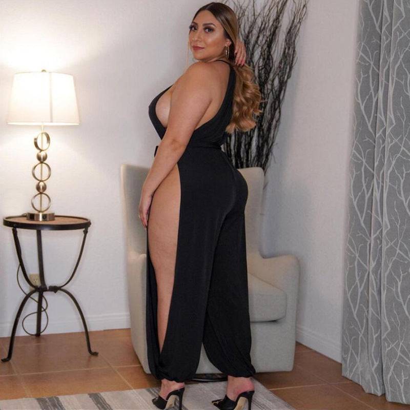 Plus Size Women Clothes Slit Wide Leg Lace-up Sleeveless Nightclub Sexy Jumpsuit - Wild Amber Fashion