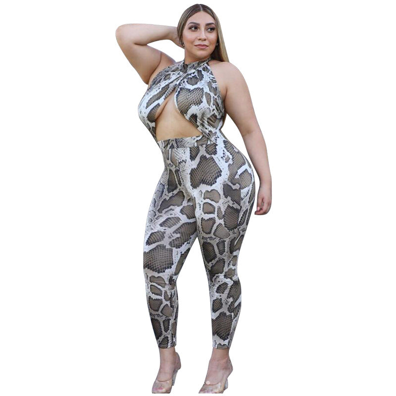 Plus Size Spring Summer New Women Clothing Sexy Snakeskin Printing Slim-Fitting Track Pants Overalls - Wild Amber Fashion