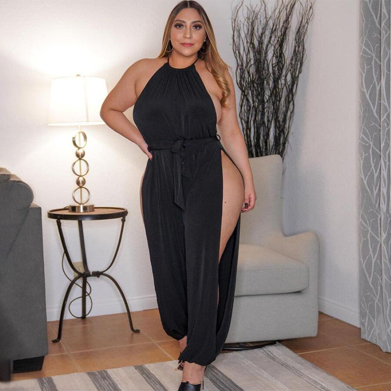 Plus Size Women Clothes Slit Wide Leg Lace-up Sleeveless Nightclub Sexy Jumpsuit - Wild Amber Fashion