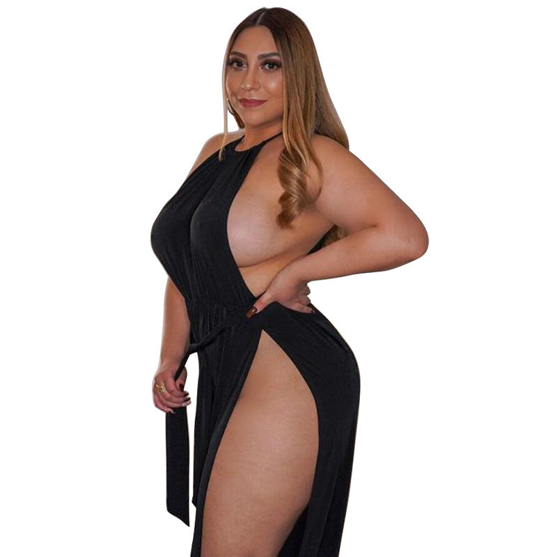 Plus Size Women Clothes Slit Wide Leg Lace-up Sleeveless Nightclub Sexy Jumpsuit - Wild Amber Fashion