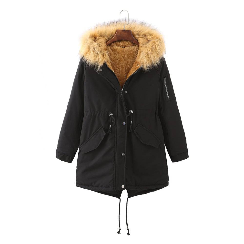 Winter Thickened Fleece-Lined Cotton-Padded Coat Plus Size  S Black Surface and Yellow Hair 