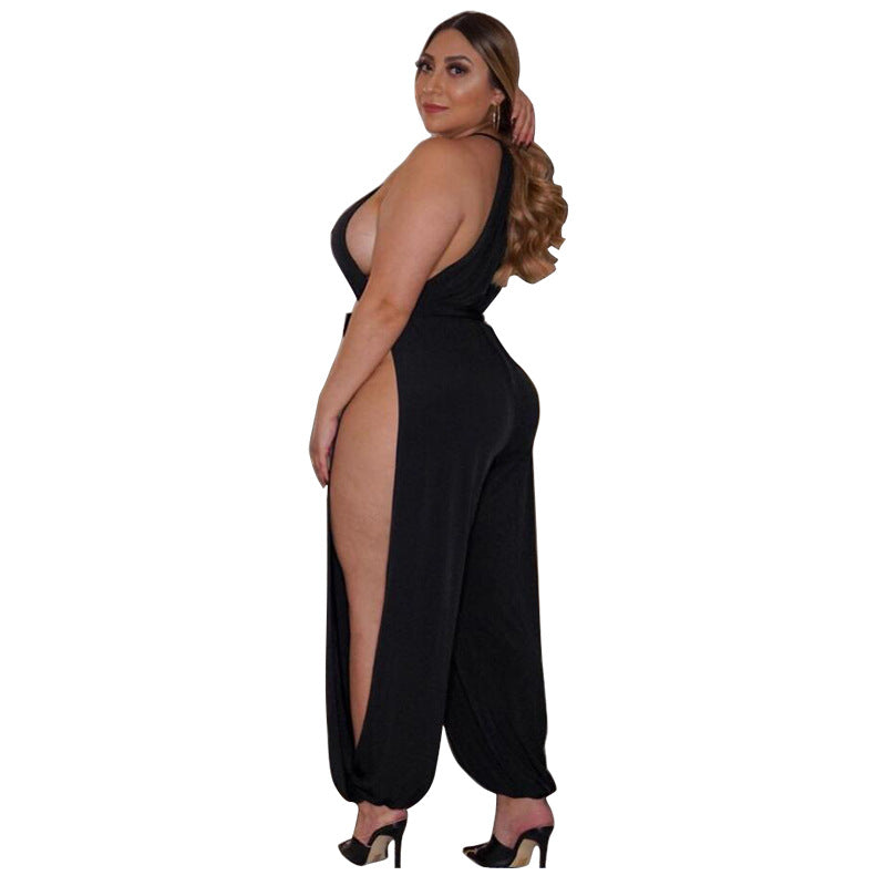 Plus Size Women Clothes Slit Wide Leg Lace-up Sleeveless Nightclub Sexy Jumpsuit - Wild Amber Fashion