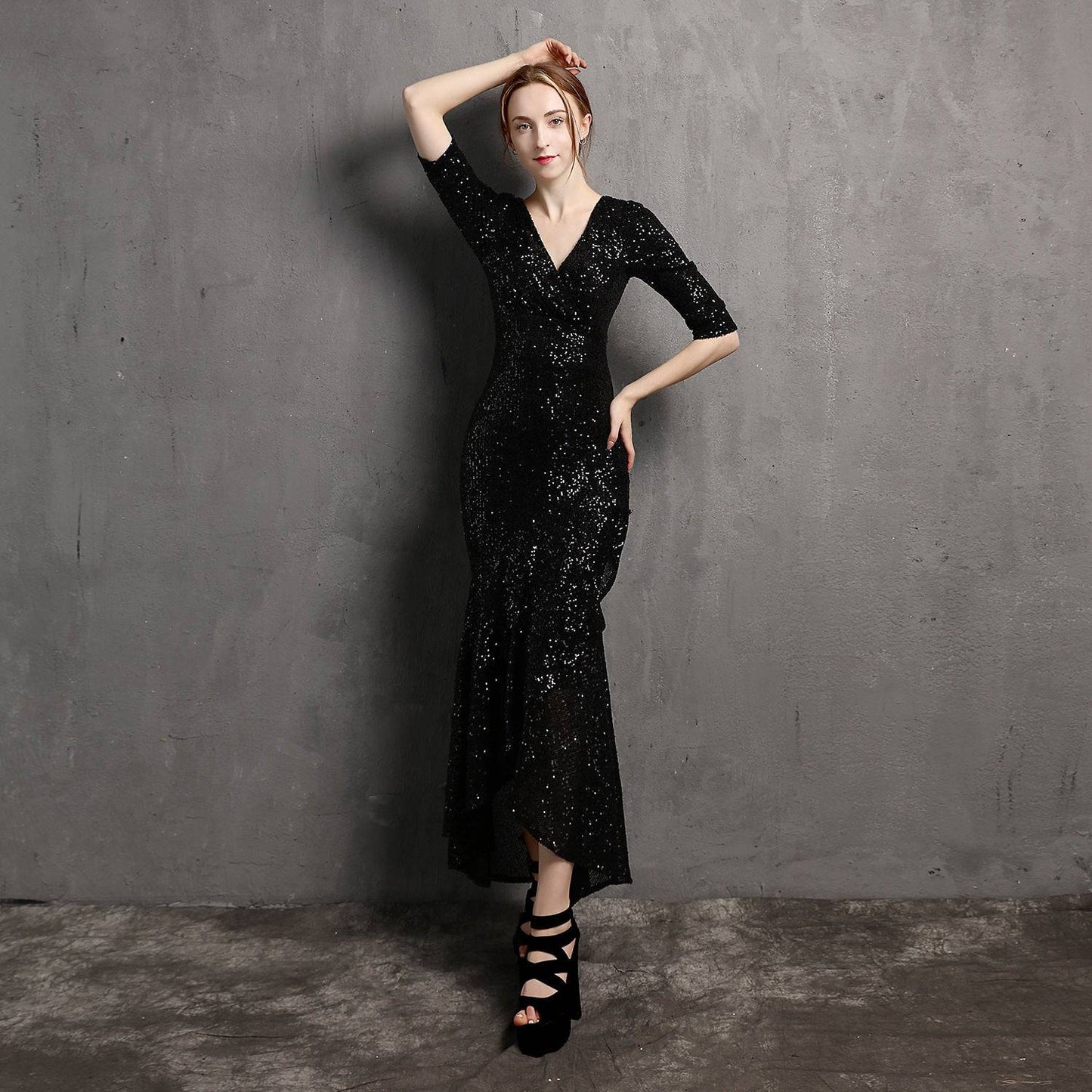 Long Sleeve V-neck Mid-Length Formal Dress Beaded Dress Wedding Banquet Party Dress Formal Gown  S Black 