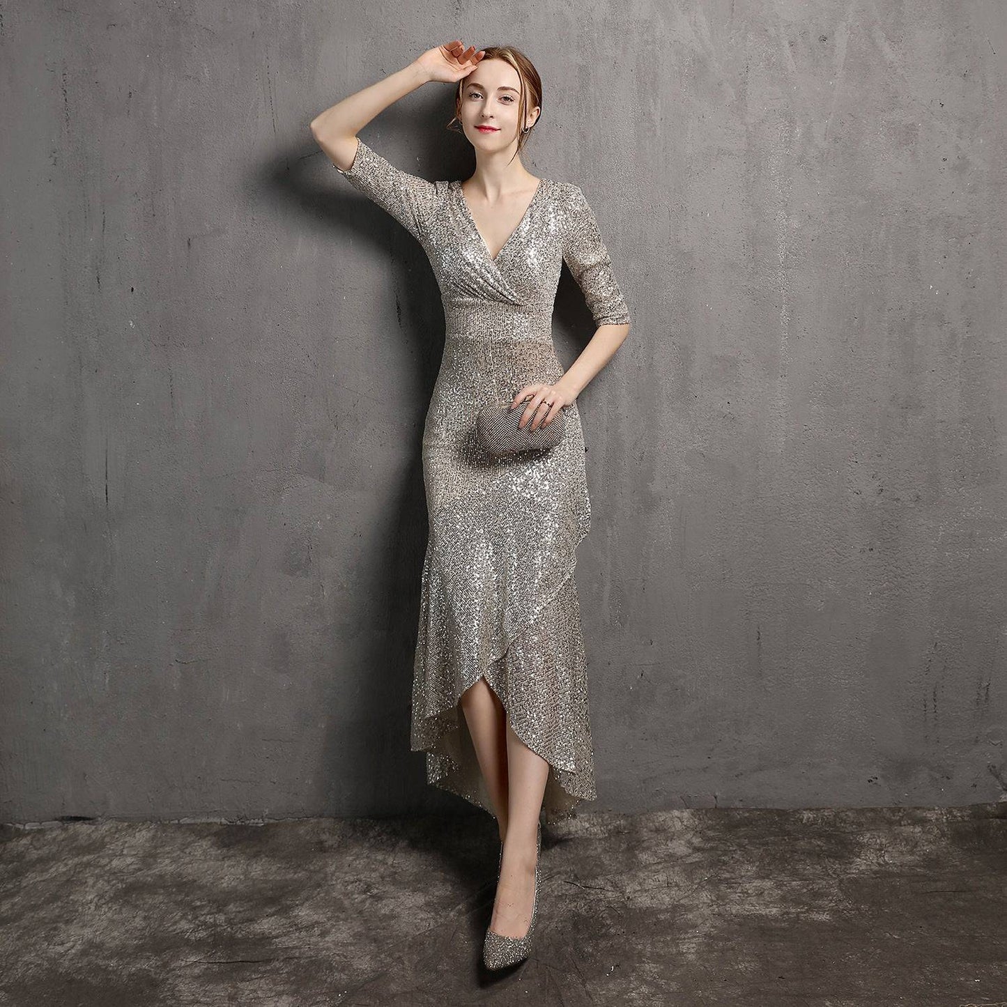 Long Sleeve V-neck Mid-Length Formal Dress Beaded Dress Wedding Banquet Party Dress Formal Gown  S Silver 