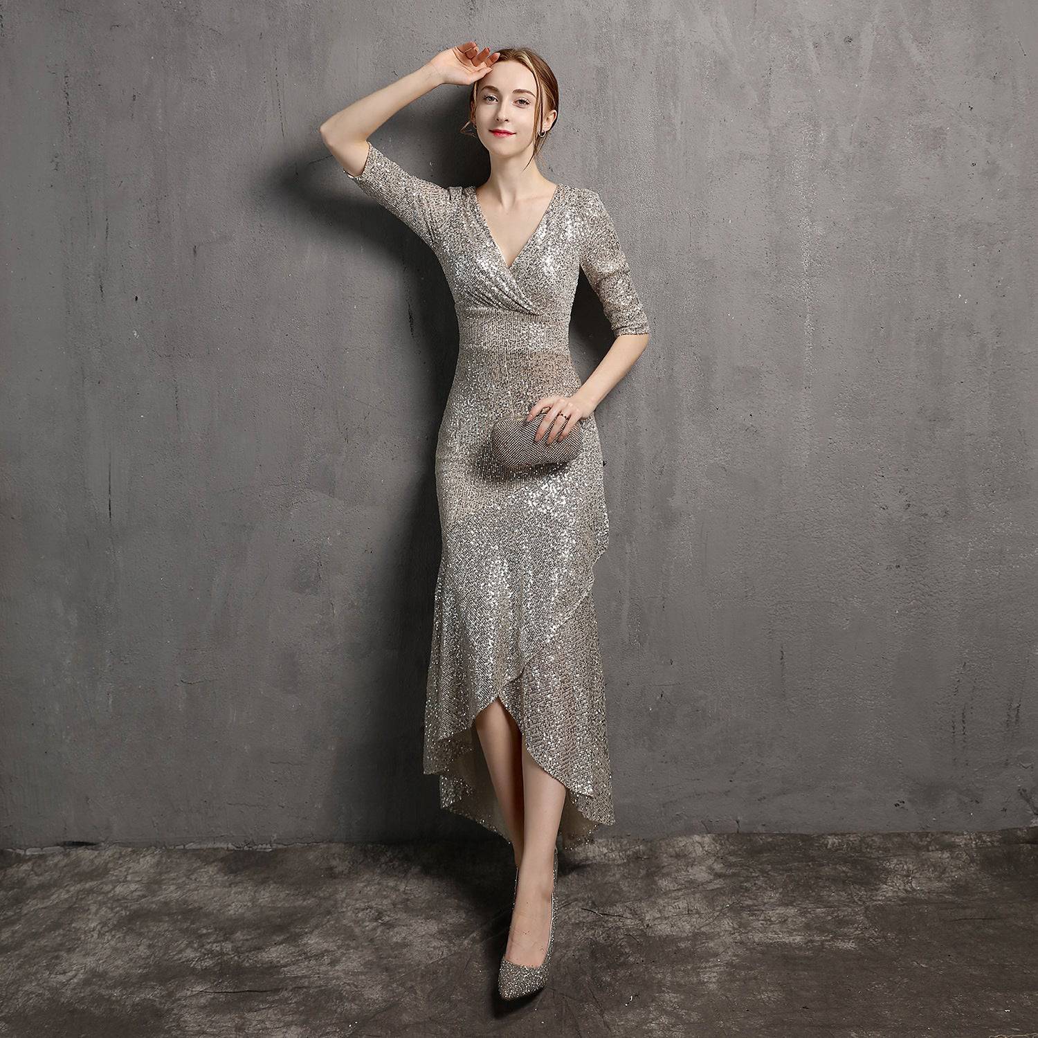 Long Sleeve V-neck Mid-Length Formal Dress Beaded Dress Wedding Banquet Party Dress Formal Gown  S Silver 