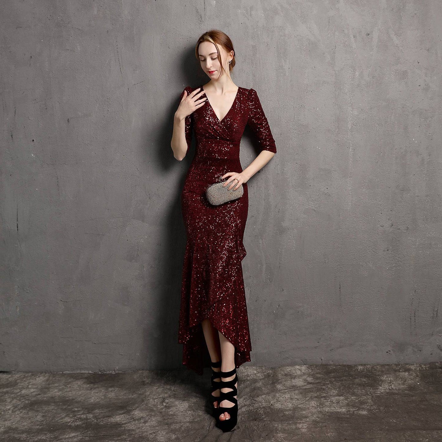 Long Sleeve V-neck Mid-Length Formal Dress Beaded Dress Wedding Banquet Party Dress Formal Gown  S Jujube Red 