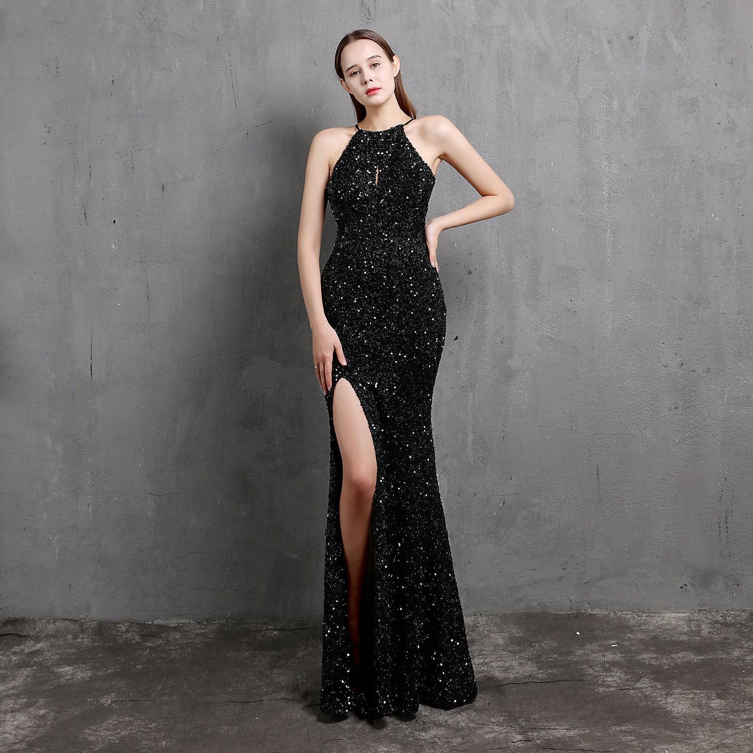 Glamorous Colorful Sequin Evening Dress with Rhinestone Element  S Black 