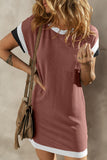 Light French Beige Textured Colorblock Edge Patched Pocket T Shirt Dress