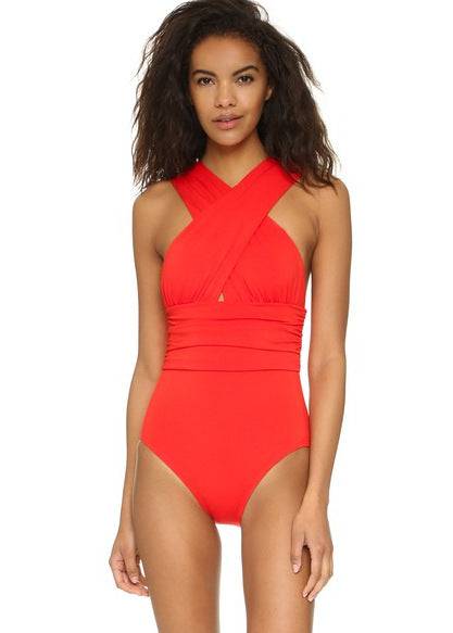 Sexy Deep V Plunge Cross One-Piece Swimsuit  S Red 