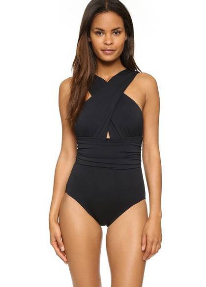 Sexy Deep V Plunge Cross One-Piece Swimsuit  S Black 