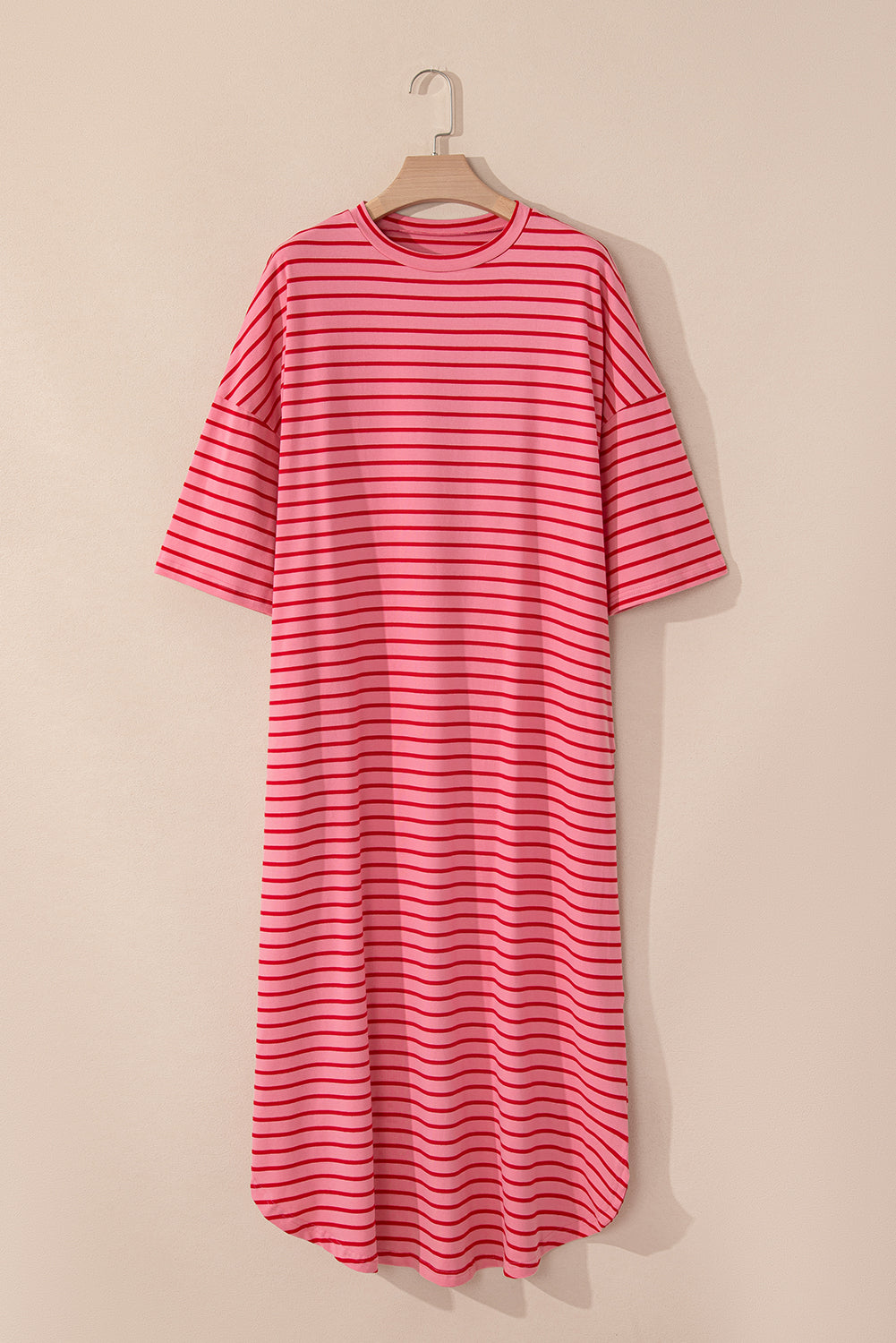 Strawberry Pink Striped 3/4 Sleeve Round Hem Shift T Shirt Dress