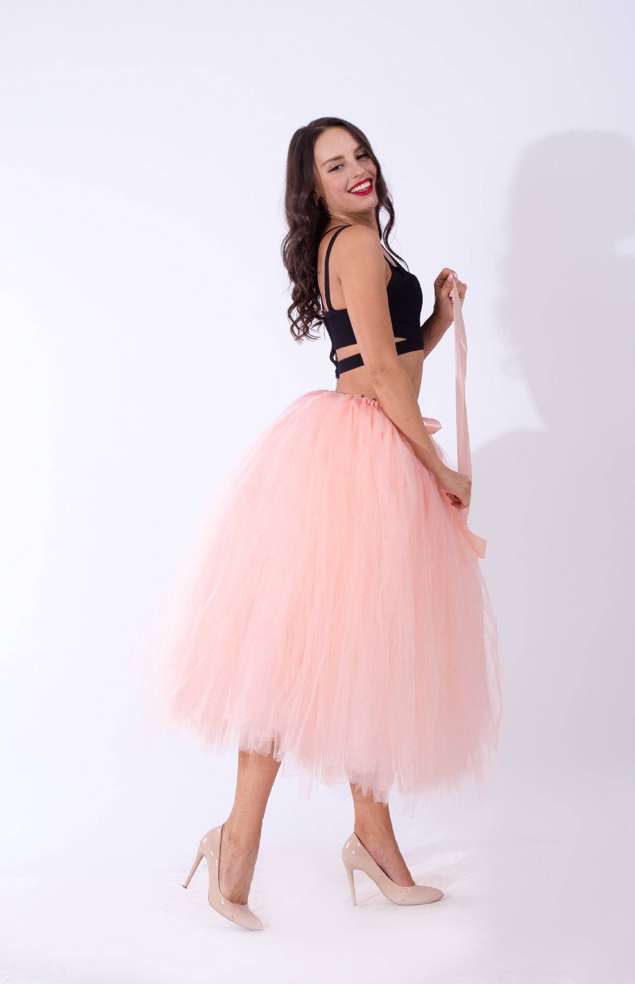 Princess Mesh Tulle Dress with Lace Elements  One Size Peach Pink 