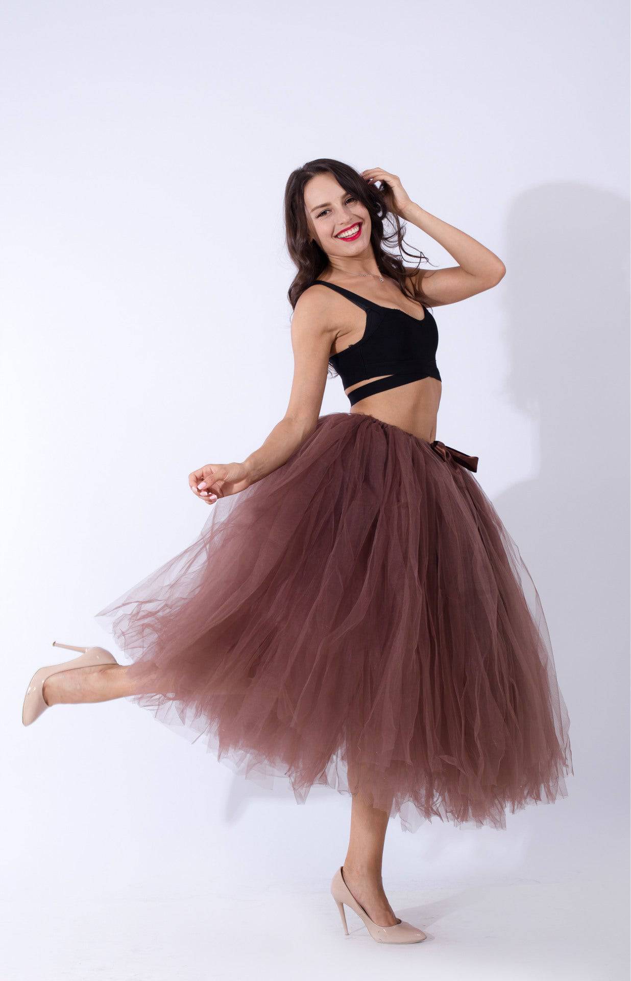 Princess Mesh Tulle Dress with Lace Elements  One Size Brown-1 