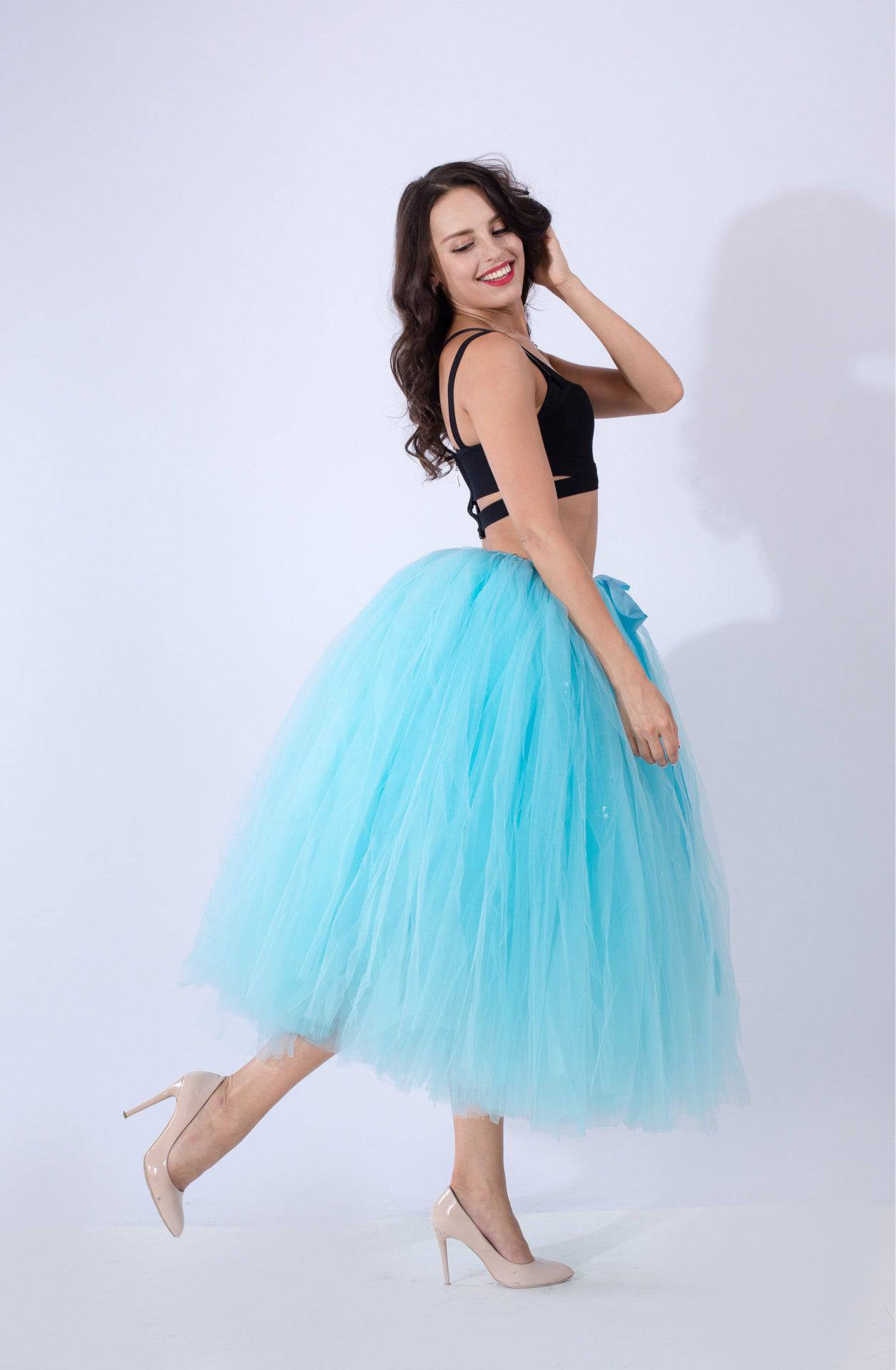 Princess Mesh Tulle Dress with Lace Elements  One Size Skyblue 