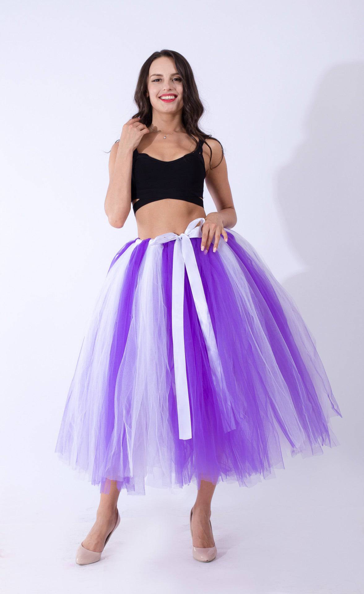 Princess Mesh Tulle Dress with Lace Elements  One Size Purple White 