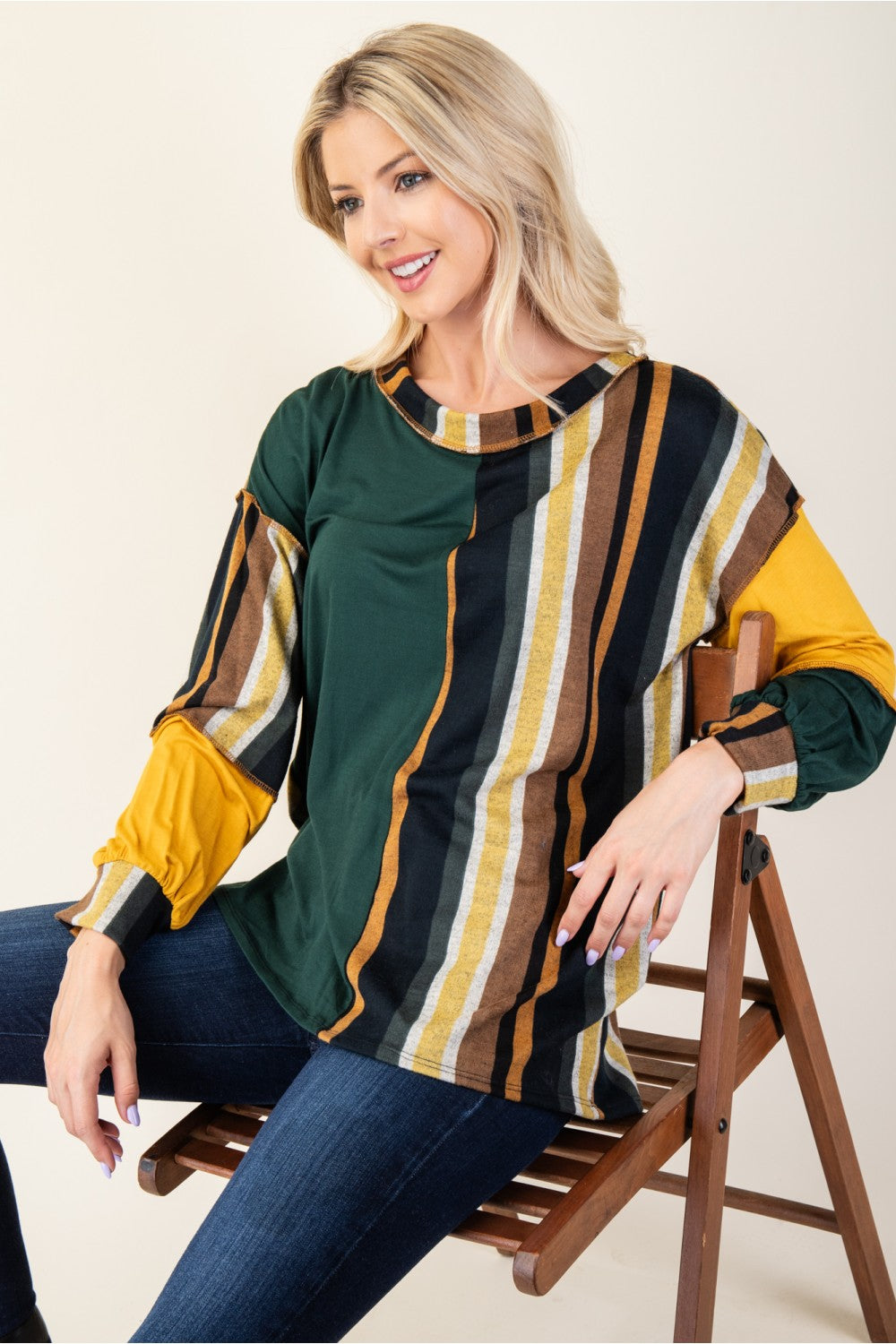 Celeste Full Size Striped Color Block Exposed Seam T-Shirt