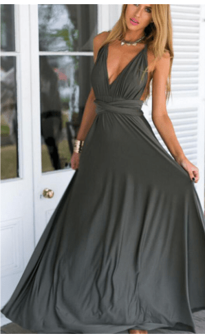 Elegant Tie Neck Maxi Dress with Criss Cross Back  S Gray 