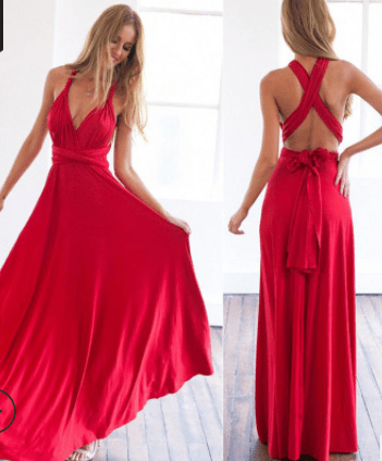 Elegant Tie Neck Maxi Dress with Criss Cross Back  S Red 