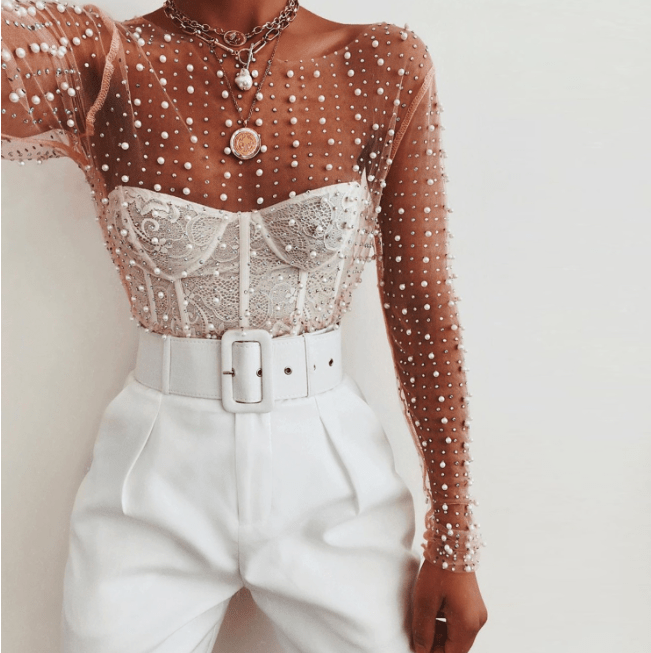 Seductive Diamond-Beaded Lace Mesh Top  S Nude 