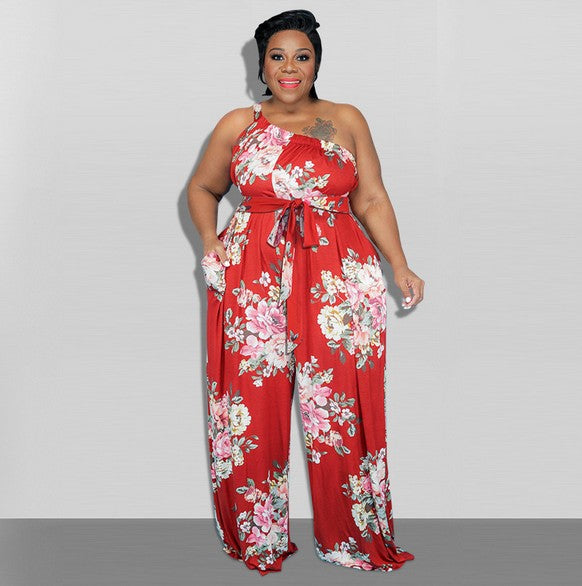 Plus Size Women Clothing Summer Large Floral Printing Casual Jumpsuit - Wild Amber Fashion