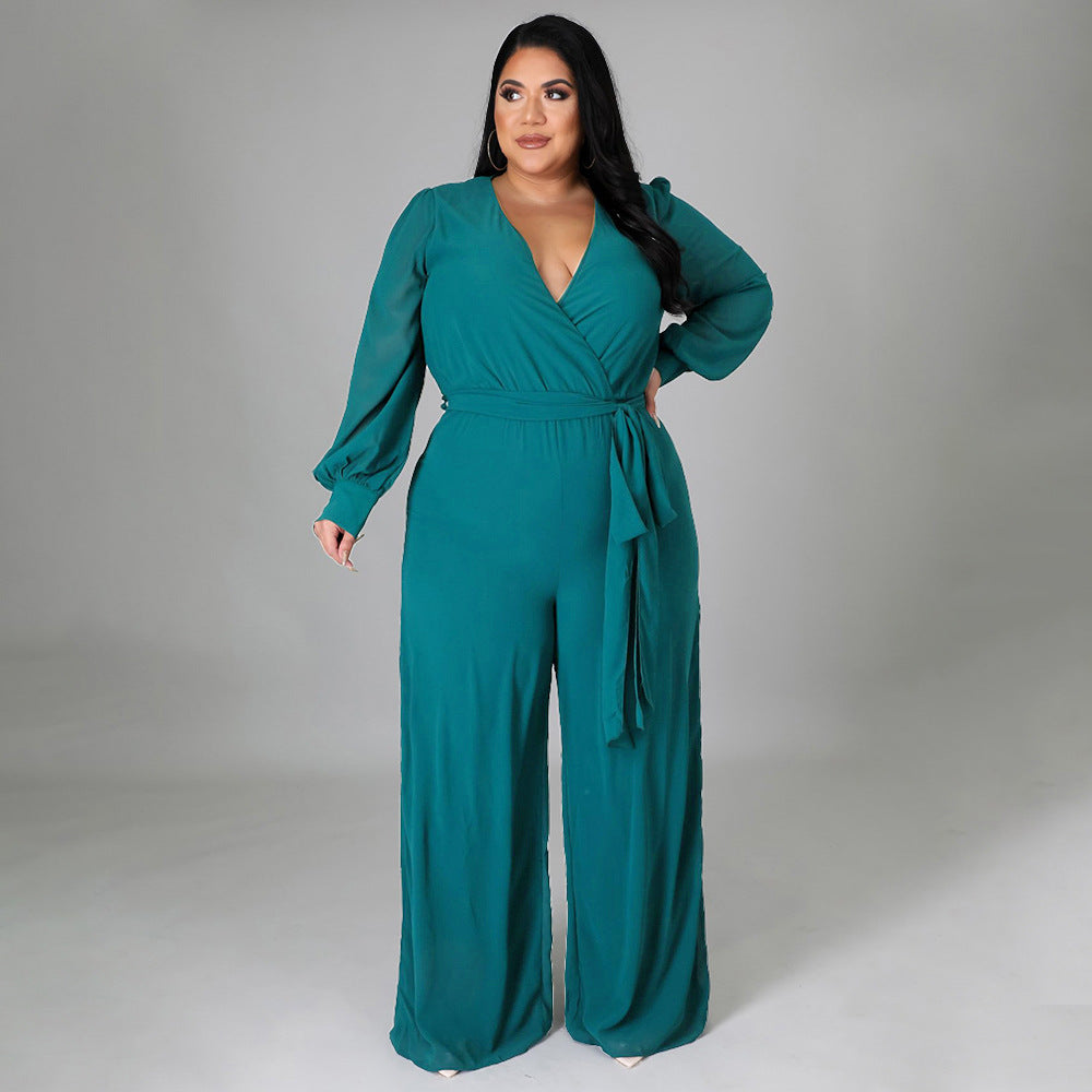 Plus Size Women Loose Straight Solid Color Belt Jumpsuit - Wild Amber Fashion