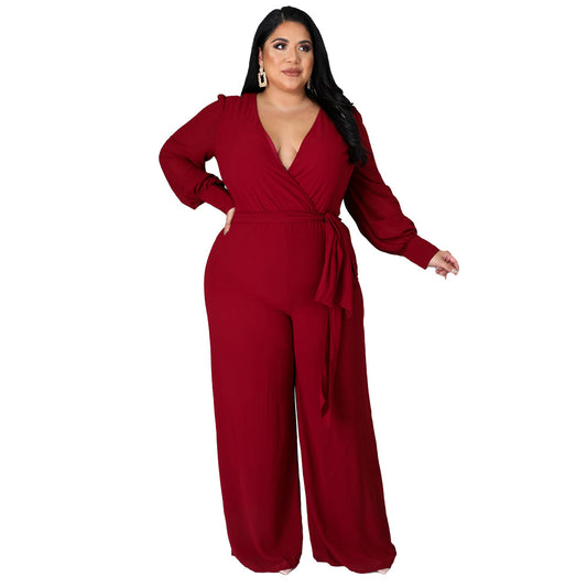 Plus Size Women Loose Straight Solid Color Belt Jumpsuit - Wild Amber Fashion