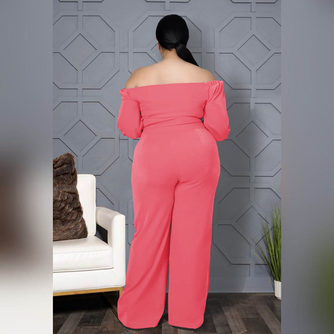 Plus Size Solid Color off-Shoulder Strap Wide-Leg Jumpsuit Women - Wild Amber Fashion