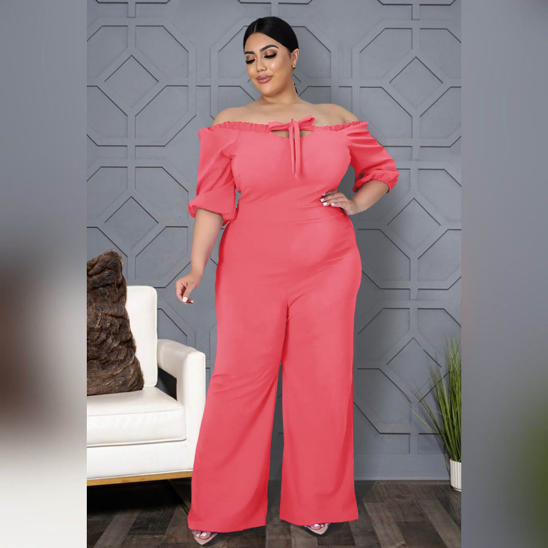 Plus Size Solid Color off-Shoulder Strap Wide-Leg Jumpsuit Women - Wild Amber Fashion