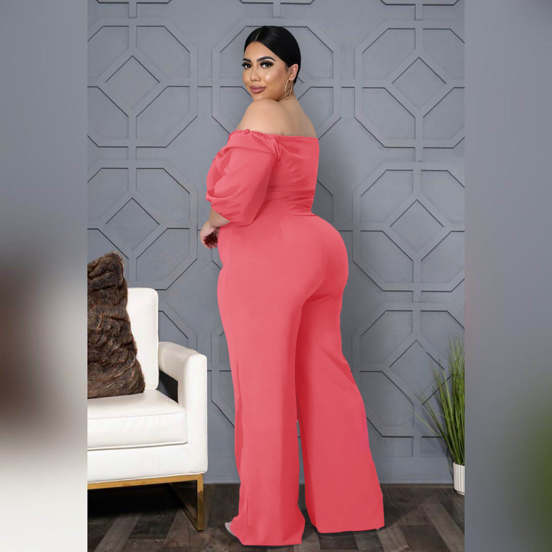 Plus Size Solid Color off-Shoulder Strap Wide-Leg Jumpsuit Women - Wild Amber Fashion