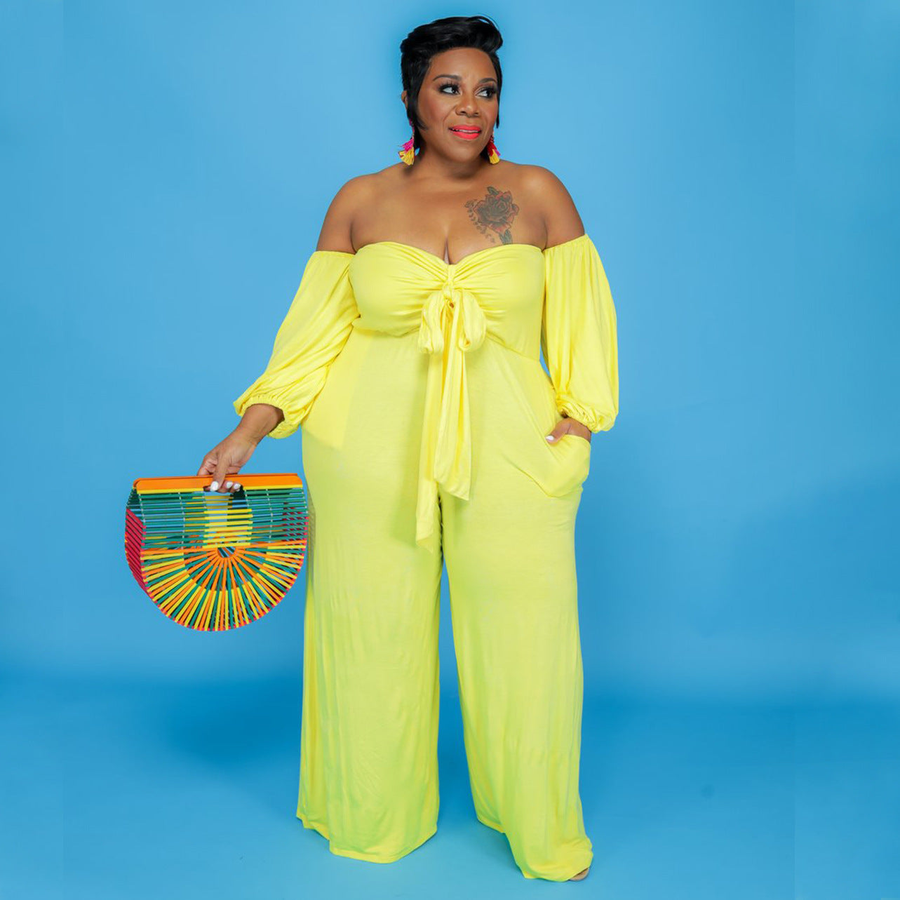 Plus Size Sexy Tube Top Solid Color Jumpsuit Wide Leg Pants - Wild Amber Fashion