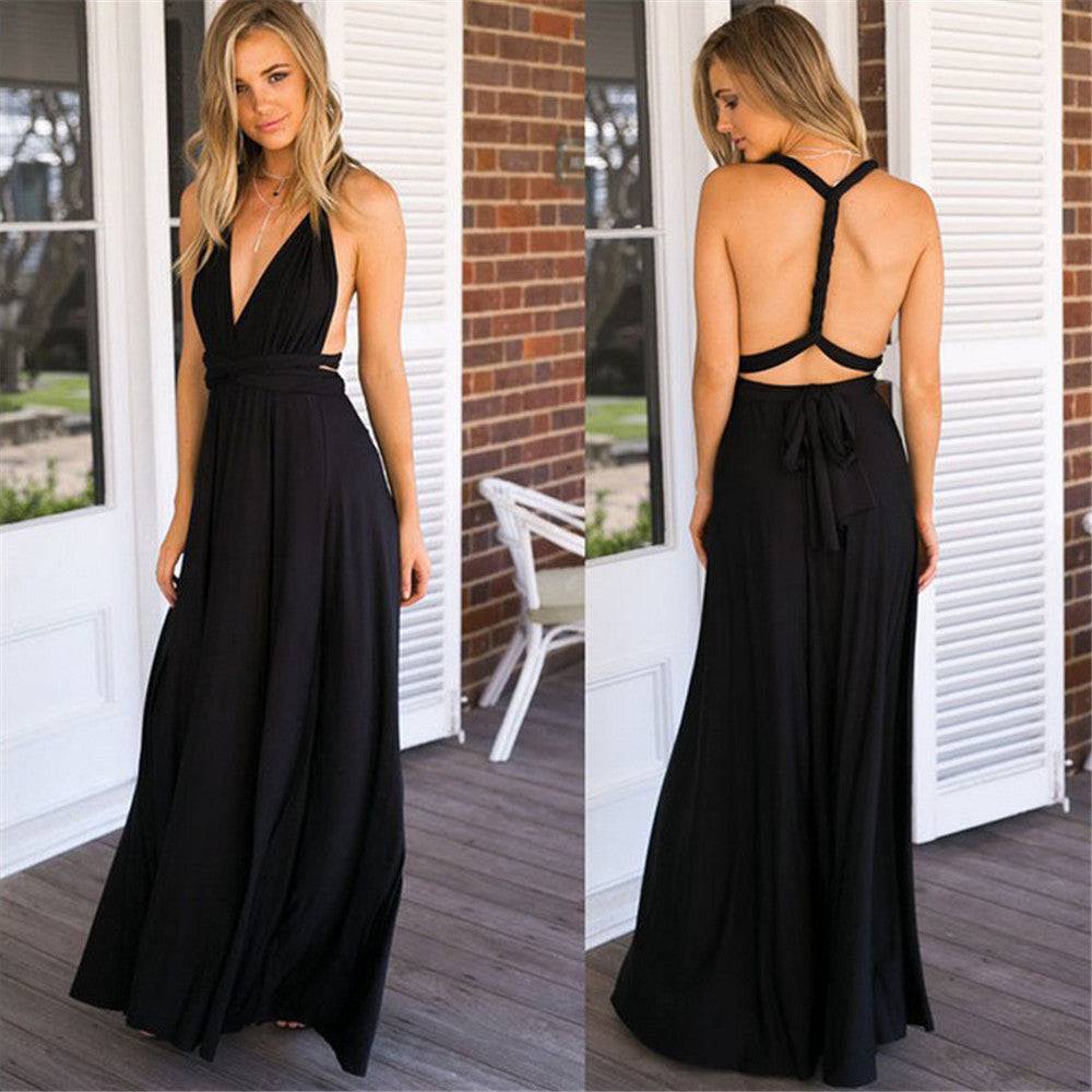 Elegant Tie Neck Maxi Dress with Criss Cross Back  S Black 