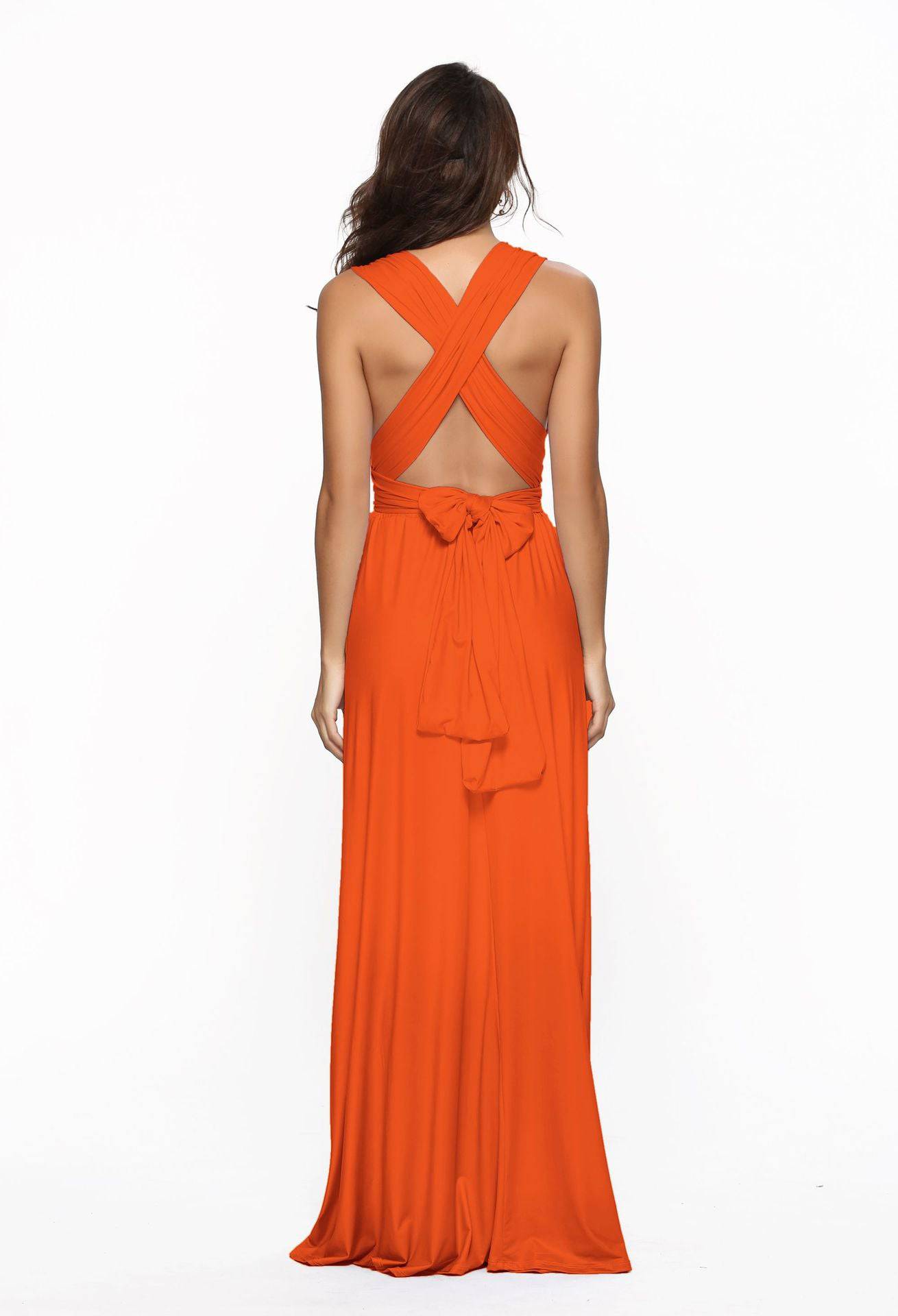 Elegant Tie Neck Maxi Dress with Criss Cross Back  S Orange 