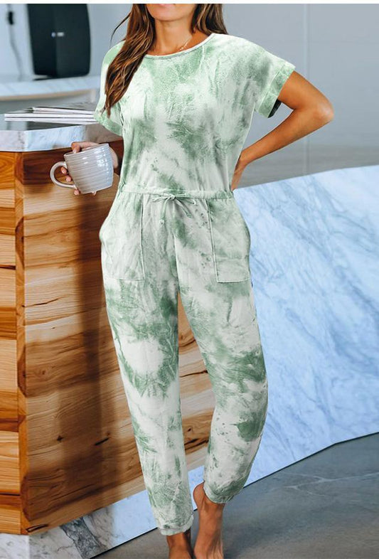 Tie-Dyed One-Piece Pajamas Women Summer Loose Short Sleeve round Neck Ladies Homewear - Wild Amber Fashion