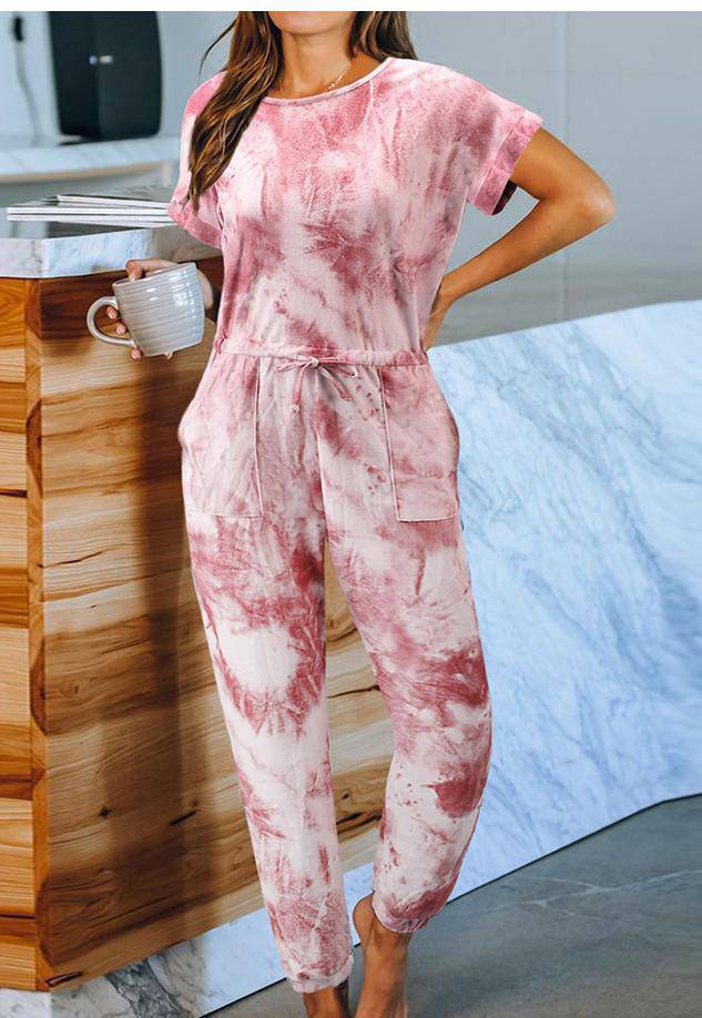 Tie-Dyed One-Piece Pajamas Women Summer Loose Short Sleeve round Neck Ladies Homewear - Wild Amber Fashion