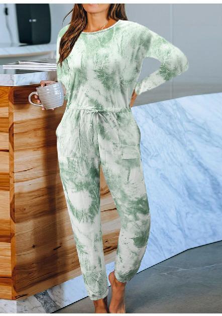 Tie-Dyed One-Piece Pajamas Women Summer Loose Short Sleeve round Neck Ladies Homewear - Wild Amber Fashion