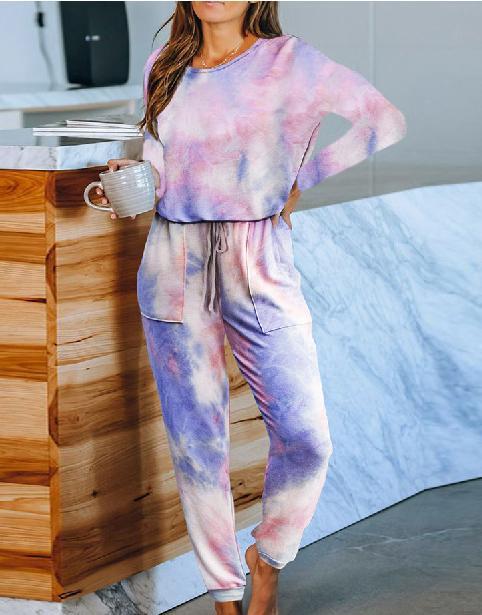 Tie-Dyed One-Piece Pajamas Women Summer Loose Short Sleeve round Neck Ladies Homewear - Wild Amber Fashion