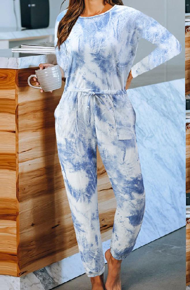 Tie-Dyed One-Piece Pajamas Women Summer Loose Short Sleeve round Neck Ladies Homewear - Wild Amber Fashion